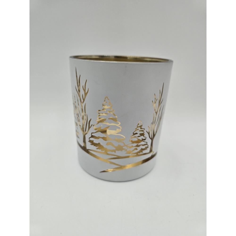 Glass Mirrored Large Candle Holder Winter Trees White Gold